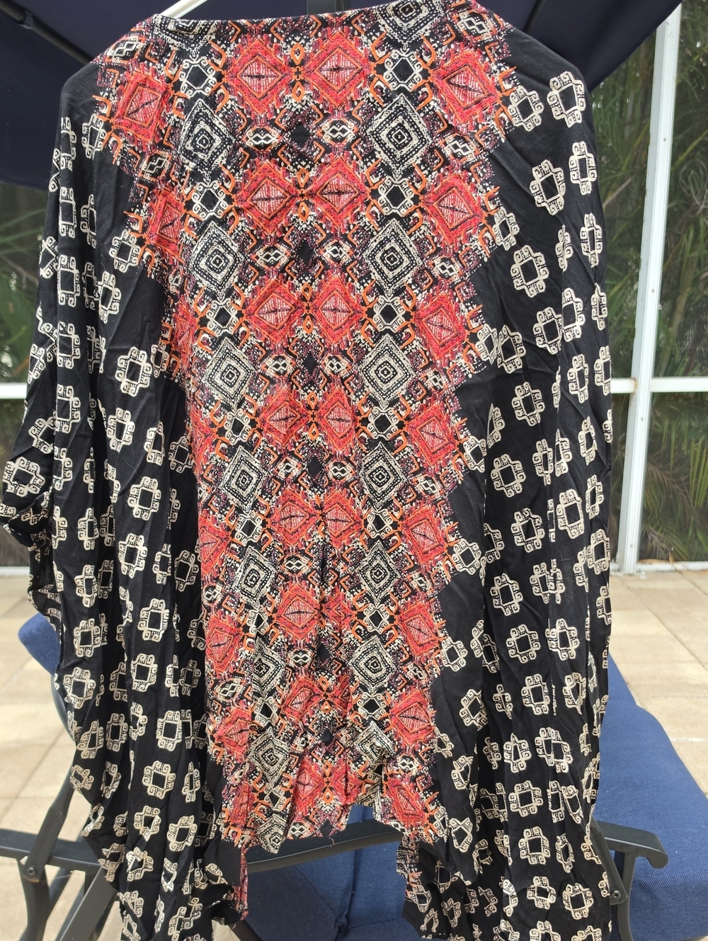 ANGIE Women’s Black Boho Printed Kimono with Red Mosaic Panel
